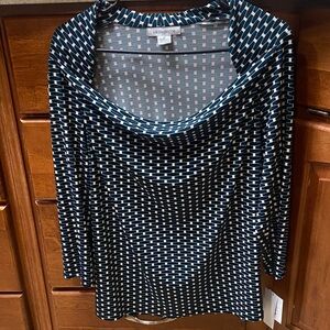 Liz Claiborne Black, Blue and White Draped XL Top NWT Career Office